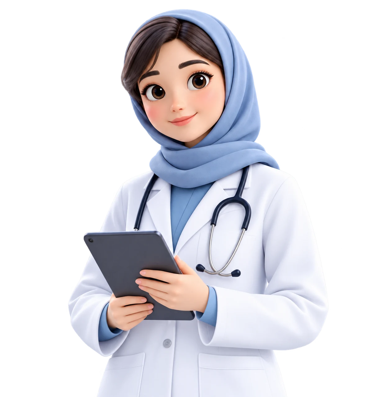 پزشک دُکی با روپوش سفید و روسری آبی